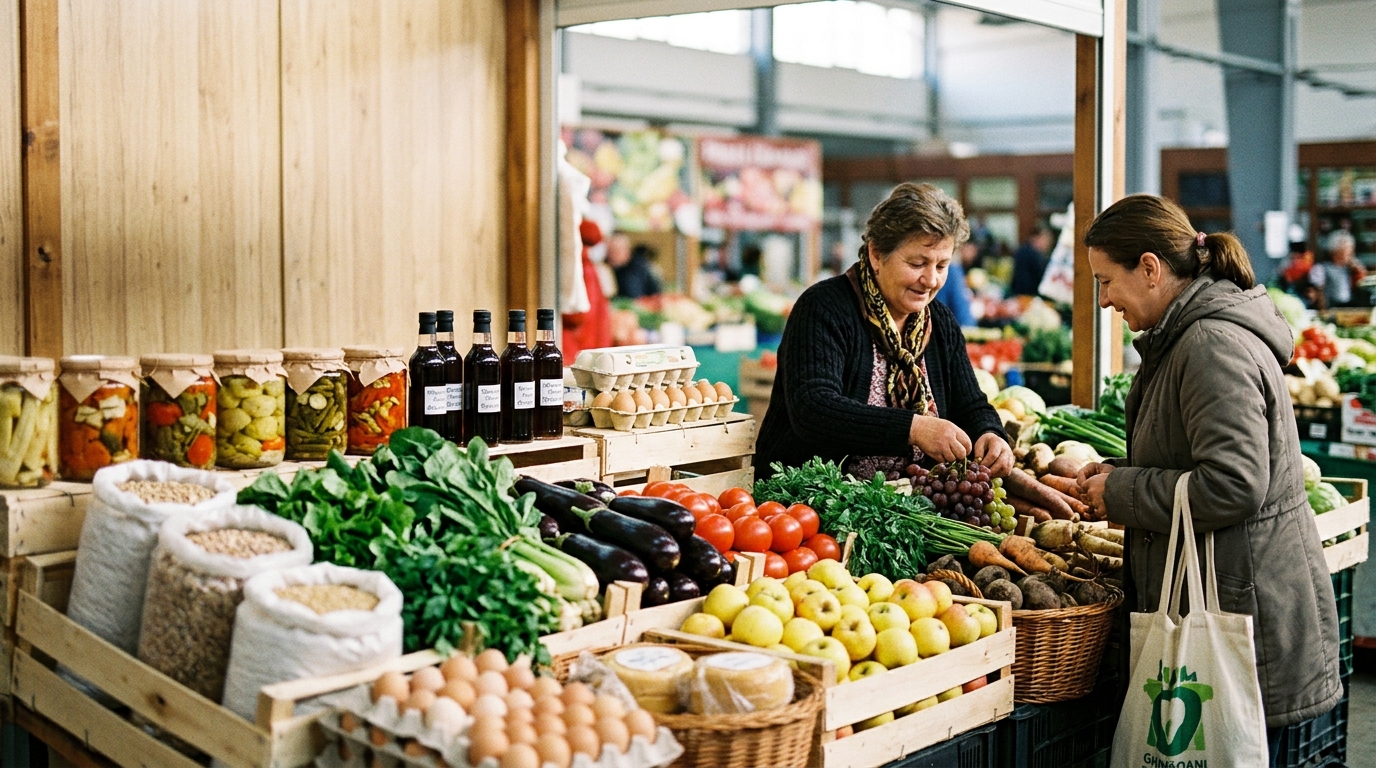 Oameni alegând produse la un stand de piață cu fructe, legume, ouă și conserve